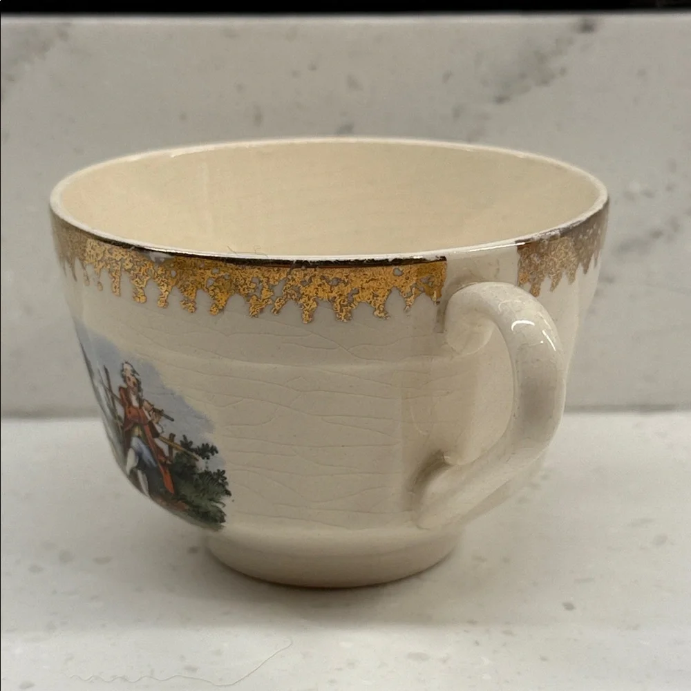 Cronin China Colonial Courting Couple Teacups w/ Gold Trim (Set of 2) [A]